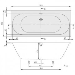 Villeroy&Boch Oberon 2.0, Ванна 1700*750*470, цвет-белый ( со сливом-переливом хром), ножки в комплекте регулируемые 130-180мм