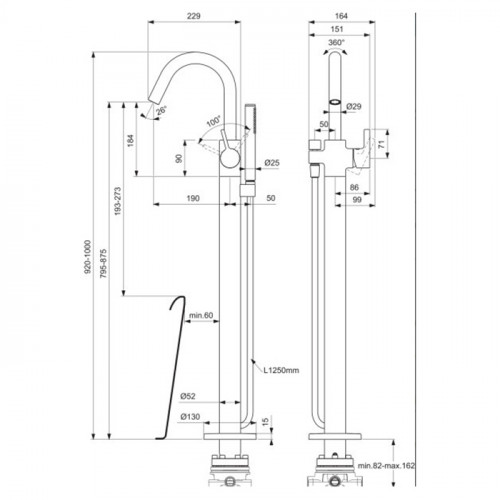 Ideal Standard Joy Смеситель для ванны, напольный, с ручным душем Stick, шланг Idealflex 125см, без A6133NU, цвет: PVD Magnetic Grey