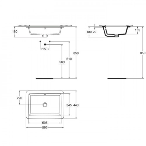 Ideal Standard Strada Раковина 595х440 мм, прямоугольная с переливом, встраиваемая снизу без отв. под смес., с крепежом, цвет: белый глянец