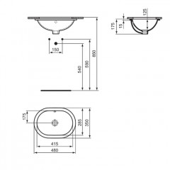 Ideal Standard Connect Раковина 480х350 мм, овальная, встриваемая снизу без отв. под смес., с крепежом, цвет: белый глянец