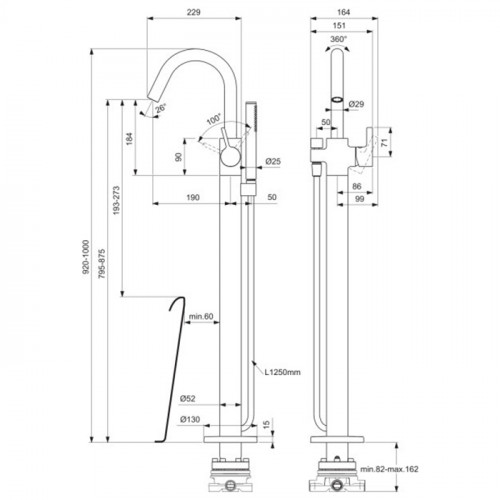 Ideal Standard Joy Смеситель для ванны, напольный, с ручным душем, цвет: PVD Silver Storm