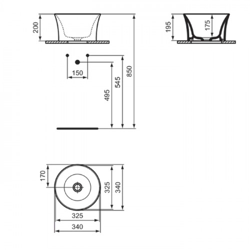 Ideal Standard La Dolce Vita Раковина d340хh200 мм, накладная-высокая, без отв. под смес и перелива, с крепежом и шаблоном цвет: белый глянец