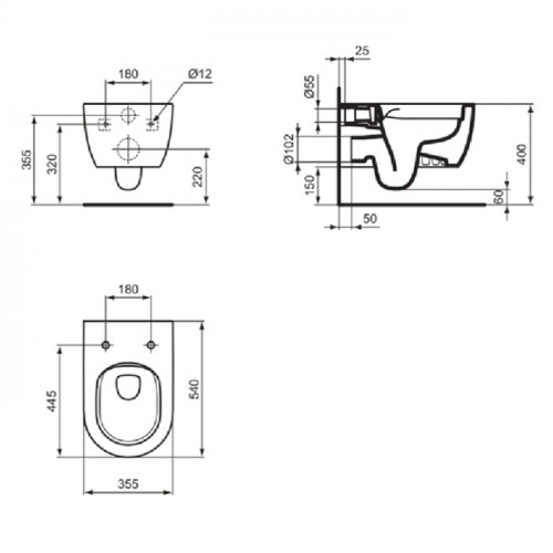 Ideal Standard Blend Curve Унитаз подвесной 545х360 мм безободковый RimLS+, с крепежом для скрытого монтажа, цвет: белый глянец