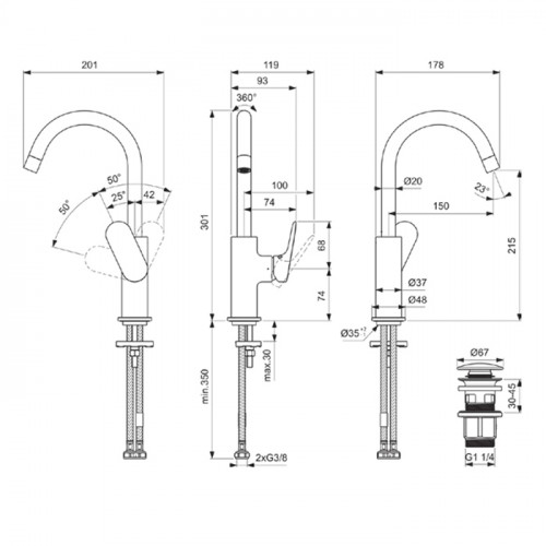 Ideal Standard Ceralife O Смеситель для раковины H215, с поворотным изливом, с донным клапаном, цвет: хром