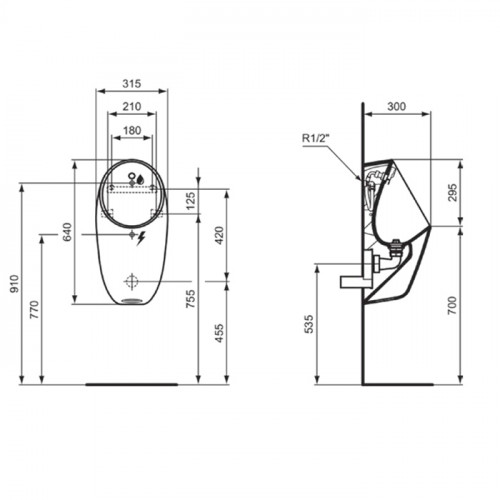 Ideal Standard i.life Писсуар подвесной 640х310х300 мм,Rimless сенсорный, в компл.: крепеж, сифон, датчик 12в, цвет: белый глянец