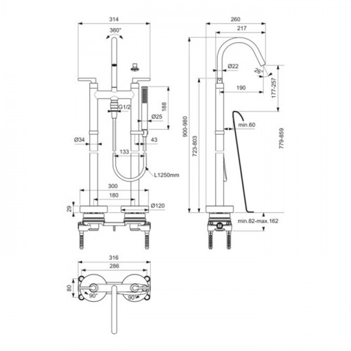 Ideal Standard Joy Neo Смеситель для ванны, напольный, с душевым набором, шлангом IDEALFLEX® 125см, цвет: PVD Magnetic Grey