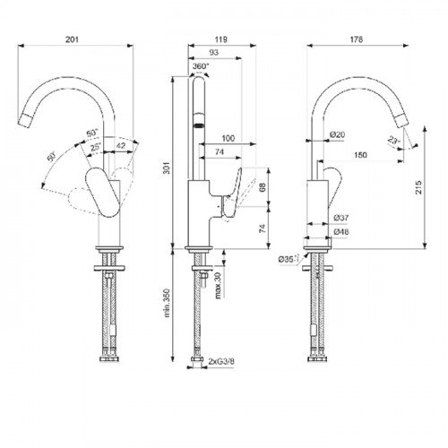 Ideal Standard Ceralife O Смеситель для раковины H215, с поворотным изливом, без донного клапана, цвет: хром