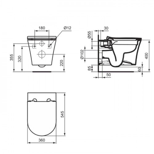 Ideal Standard La Dolce Vita Унитаз подвесной 545х360 мм безободковый RimLS+ с покрытием Ideal Plus, со скрытым крепежом , цвет: белый глянец