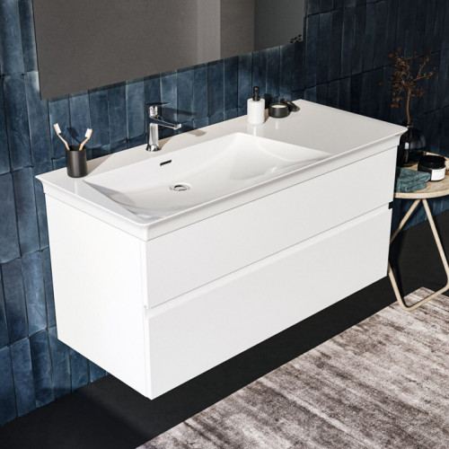 IS Finesse Тумба подвесная 120х50 см левая, 2 ящика softclose, ручка-паз, без сифона EE23033967. Для раковин E2632,E2706,E2696 белый матовый