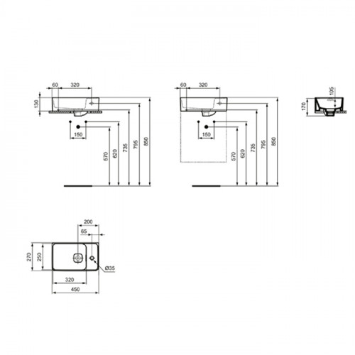 Ideal Standard Strada 2 Guest Раковина 450х270 мм, подвесная, с отв. под смес. справа , с крепежом и керам крышкой, цвет: белый глянец