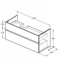 IS Finesse Тумба подвесная 120х50 см левая, 2 ящика softclose, ручка-паз, без сифона EE23033967. Для раковин E2632,E2706,E2696 белый матовый