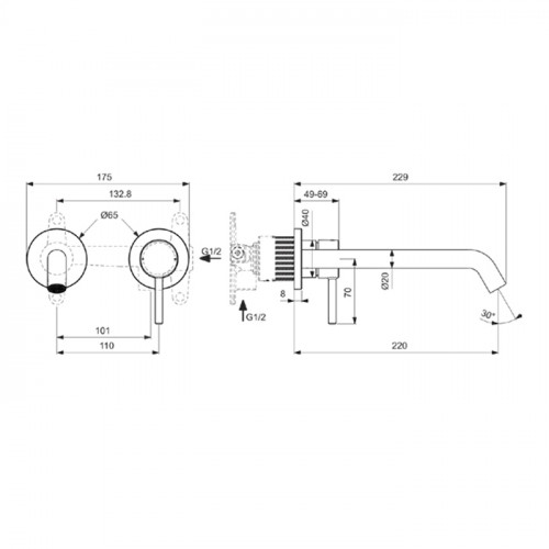 Ideal Standard Ceraline Nuovo Смеситель однорычажный для раковины на 2 отверстия из стены, излив 220 мм, внешняя часть, цвет: хром