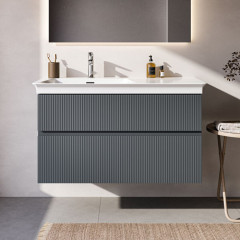 IS Finesse Тумба подвесная 100х50 см. L, 2 ящ. softclose, ручка-паз, без сифона EE23033967,для раковин E2646,E2703,E2679 Ribbed Matt ashblue Lacquered