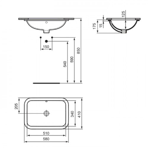 Ideal Standard Connect Раковина 580х410 мм, прямоугольная, встраиваемая снизу без отв. под смес., с крепежом, цвет: белый глянец