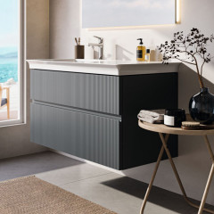 IS Finesse Тумба подвесная 100х50 см. L, 2 ящ. softclose, ручка-паз, без сифона EE23033967,для раковин E2646,E2703,E2679 Ribbed Matt ashblue Lacquered