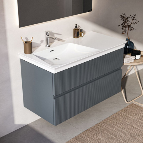 IS Finesse Тумба подвесная 100х50 см. L, 2 ящ. softclose, ручка-паз, без сифона EE23033967,для раковин E2646,E2703,E2679 Ribbed Matt ashblue Lacquered