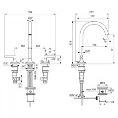 Ideal Standard Joy Neo Смеситель для раковины, на 3 отв, с донным клапаном, цвет: PVD Magnetic Grey