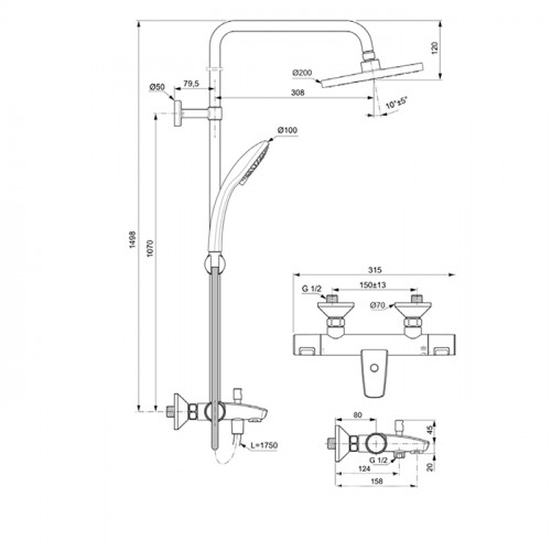 Ideal Standard Ceratherm T25 Душевая система с изливом и термостатом и ручным душем, корпус Coolbody, руч. душ: 3 режима, верх. душ: 200 мм, цвет: хро
