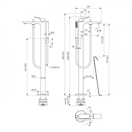 Ideal Standard La Dolce Vita Смеситель для ванны, напольный, с ручным душем, без A6133NU, цвет: PVD Brushed Gold