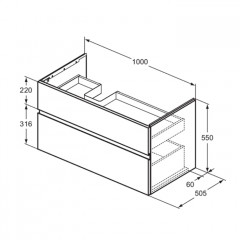 IS Finesse Тумба подвесная 100х50 см.левая, 2 ящика softclose, ручка-паз, без сифона EE23033967. Для раковин E2646,E2703,E2678 белый матовый