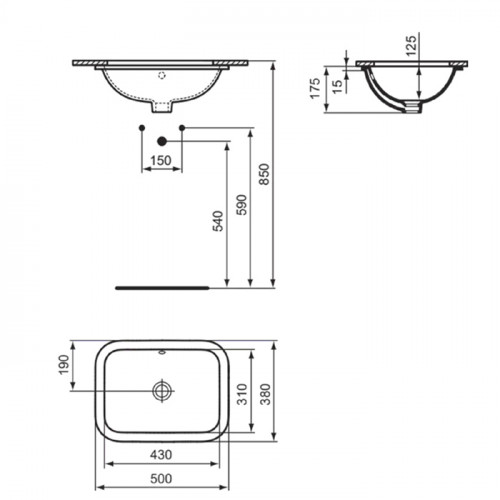 Ideal Standard Connect Раковина 500х380 мм, прямоугольная, встриваемая снизу без отв. под смес., с крепежом, цвет: белый глянец