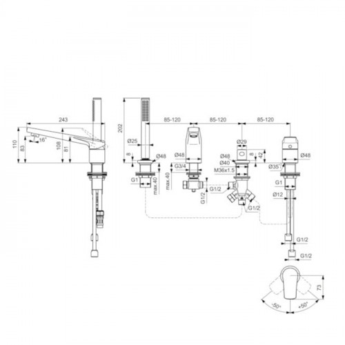 Ideal Standard La Dolce Vita Смеситель для ванны, на 4 отв, с ручным душем, шланго для душа 175см, цвет: хром