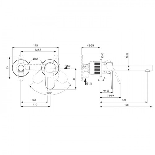 Ideal Standard Ceralife O Настенный смеситель для раковины излив: 180 мм, без донного клапана, для монтажа с A1313NU цвет: чёрный матовый