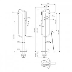 Ideal Standard La Dolce Vita Смеситель для ванны напольный, ручной душ Stick, шланг Idealflex 125см, без A6133NU, цвет: PVD Magnetic Grey