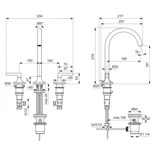 Ideal Standard Joy Neo Смеситель для раковины, на 3 отв, с донным клапаном, цвет: хром