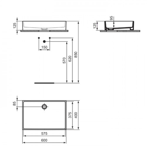 Ideal Standard Extra Раковина 600х400хh125 мм, накладная прямоугольная, без перелива и отв. под смес., с крепежом, цвет: белый глянец