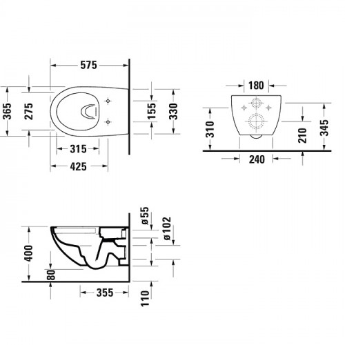 Duravit Architec Комплект: унитаз подв Rimless 575х365 мм, 257209 + сиденье (микролифт) быстросъемное 006969+Durafix, цвет белый (СПЕЦЦЕНА со склада!)