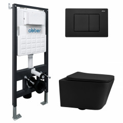 Комплект подвесной унитаз ABBER Rechteck AC1201MB черный матовый с инсталляцией AC0105 и кнопкой AC0120MB черный матовый
