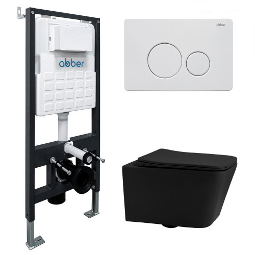 Комплект подвесной унитаз ABBER Rechteck AC1201MB черный матовый с инсталляцией AC0105 и кнопкой AC0121MW белая матовая