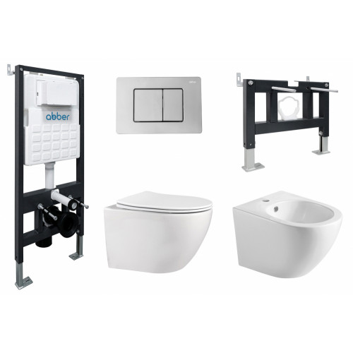 Комплект ABBER унитаз AC1100 белый с инсталляцией AC0105 и кнопкой AC0120 хром, биде AC1150 с инсталляцией AC0101P