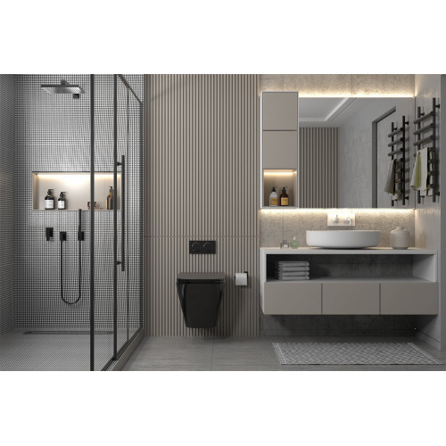 Комплект подвесной унитаз ABBER Rechteck AC1201MB черный матовый с инсталляцией AC0105 и кнопкой AC0120MCH матовый хром