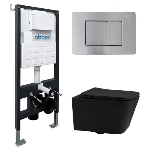 Комплект подвесной унитаз ABBER Rechteck AC1201MB черный матовый с инсталляцией AC0105 и кнопкой AC0120MCH матовый хром