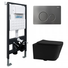 Комплект подвесной унитаз ABBER Rechteck AC1201MB черный матовый с инсталляцией AC0105 и кнопкой AC0121NG никель
