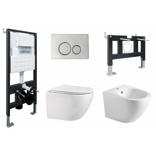 Комплект ABBER унитаз AC1100 белый с инсталляцией AC0105 и кнопкой AC0121 хром, биде AC1150 с инсталляцией AC0101P