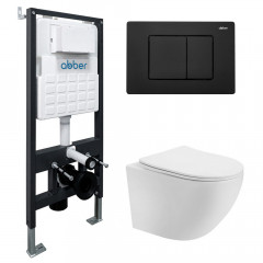 Комплект подвесной унитаз ABBER Bequem AC1100T белый с инсталляцией AC0105 и кнопкой AC0120MB черный матовый