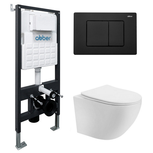 Комплект подвесной унитаз ABBER Bequem AC1100T белый с инсталляцией AC0105 и кнопкой AC0120MB черный матовый