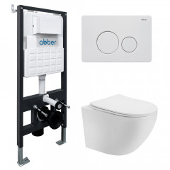 Комплект подвесной унитаз ABBER Bequem AC1100T белый с инсталляцией AC0105 и кнопкой AC0121MW белая матовая