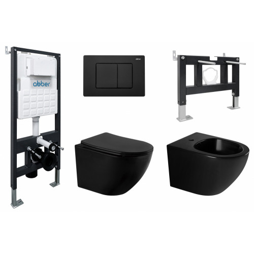 Комплект ABBER унитаз AC1100MB черный матовый с инсталляцией AC0105 и кнопкой AC0120MB, биде AC1150MB с инсталляцией AC0101P