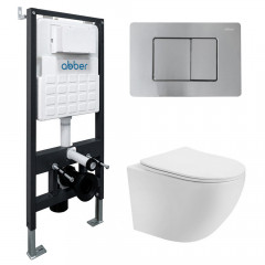 Комплект подвесной унитаз ABBER Bequem AC1100T белый с инсталляцией AC0105 и кнопкой AC0120MCH матовый хром