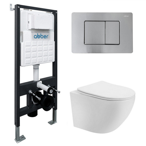 Комплект подвесной унитаз ABBER Bequem AC1100T белый с инсталляцией AC0105 и кнопкой AC0120MCH матовый хром