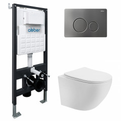 Комплект подвесной унитаз ABBER Bequem AC1100T белый с инсталляцией AC0105 и кнопкой AC0121NG никель