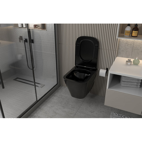 Комплект подвесной унитаз ABBER Rechteck AC1201MB черный матовый с инсталляцией AC0105 и кнопкой AC0120MW белая матовая