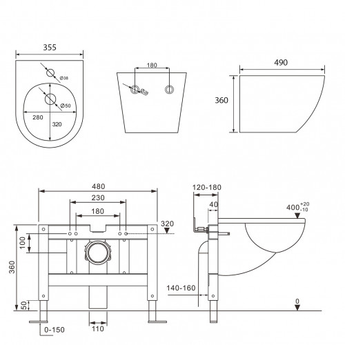 Комплект ABBER унитаз AC1100MB черный матовый с инсталляцией AC0105 и кнопкой AC0120MB, биде AC1150MB с инсталляцией AC0101P