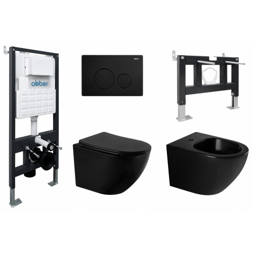 Комплект ABBER унитаз AC1100MB черный матовый с инсталляцией AC0105 и кнопкой AC0121MB, биде AC1150MB с инсталляцией AC0101P