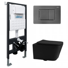 Комплект подвесной унитаз ABBER Rechteck AC1201MB черный матовый с инсталляцией AC0105 и кнопкой AC0120NG никель
