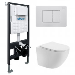 Комплект подвесной унитаз ABBER Bequem AC1100T белый с инсталляцией AC0105 и кнопкой AC0120MW белая матовая